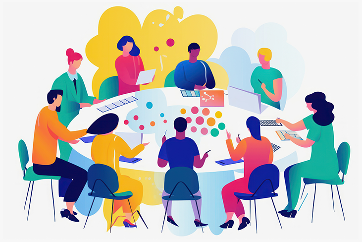 Illustration von acht Personen, die an einem runden Tisch sitzen und gemeinsam an Laptops und Dokumenten arbeiten.