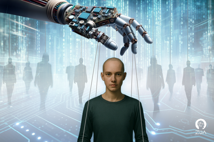 Bild eines Mannes, der von einer futuristisch wirkenden Hand an Fäden gehalten wird - ähnlich einer Marionette