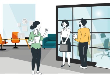 Grafik mit drei Personen in einem Büro. 