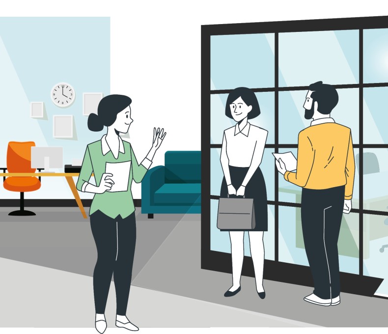 Grafik mit drei Personen in einem Büro. 