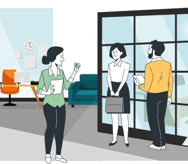 Grafik mit drei Personen in einem Büro. 