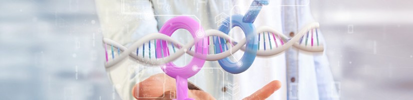 Eine Hand hält virtuell die Zeichen für weiblich/männlich, Im Hintergrund ist eine DNA zu sehen.