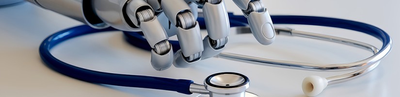 Eine Roboterhand liegt auf einem Tisch, daneben liegt ein Stethoskop