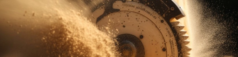 Eine Sägeblatt durchscheidet Holz und es sind Staub und Sägespräne zu sehen.