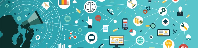 Grafik zur Wissenschaftskommunikation: Im Zentrum ist ein Megaphone zu sehen und ringsrum verschiedene Kommunikationsmittel wie Telefon, Laptop etc.