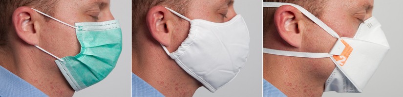 Ein Mann mit drei verschiedenen Maskentypen: Stoff-Maske, OP-Maske und FFP2-Maske 