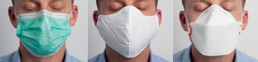 Drei Bilder eines Mannes von vorne mit unterschiedlichen Maskentypen: Stoffmaske, OP-Maske und FFP2-Maske