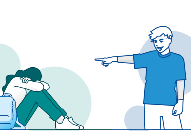 Eine Darstellung von einem Jungen der mit dem Finger auf ein trauriges Mädchen zeigt. 