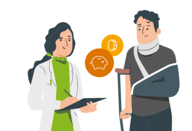 Die Abbildung zeigt eine Illustration. Zwei Personen stehen sich gegenüber. Eine Ärztin und ein Mann mit Armbinde und Krücke. Die Ärztin schreibt etwas auf. Zwischen Ihnen sind stilisierte Münzen und ein Sparschwein zu sehen. 