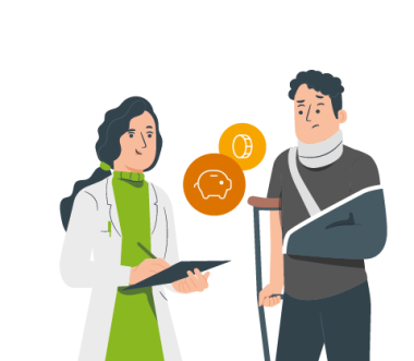 Die Abbildung zeigt eine Illustration. Zwei Personen stehen sich gegenüber. Eine Ärztin und ein Mann mit Armbinde und Krücke. Die Ärztin schreibt etwas auf. Zwischen Ihnen sind stilisierte Münzen und ein Sparschwein zu sehen. 