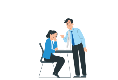 Ein Mitarbeiter schimpft mit einer Mitarbeiterin und droht ihr mit dem Zeigefinger.