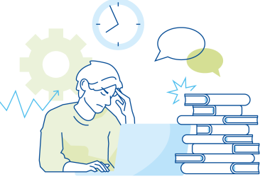 Illustration einer gestressten Person mit Brille, die an einem Laptop arbeitet. Die Person stützt den Kopf mit der Hand und wirkt überlastet. Um sie herum sind Symbole wie ein Zahnrad, ein Uhr, Sprechblasen, ein Herzfrequenzdiagramm und ein großer Stapel Bücher dargestellt – sinnbildlich für Zeitdruck, Kommunikationsanforderungen und Arbeitsbelastung.
