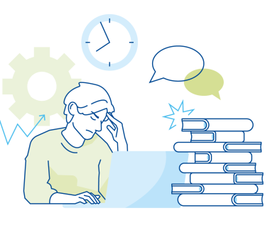 Illustration einer gestressten Person mit Brille, die an einem Laptop arbeitet. Die Person stützt den Kopf mit der Hand und wirkt überlastet. Um sie herum sind Symbole wie ein Zahnrad, ein Uhr, Sprechblasen, ein Herzfrequenzdiagramm und ein großer Stapel Bücher dargestellt – sinnbildlich für Zeitdruck, Kommunikationsanforderungen und Arbeitsbelastung.