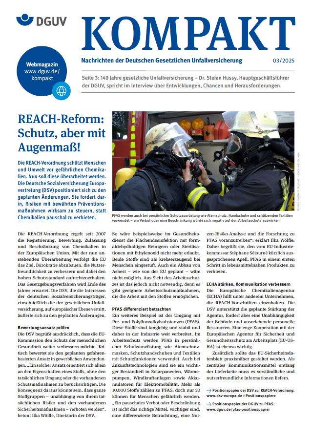 Titelbild DGUV Kompakt 3/2025; REACH-Reform: Schutz, aber mit Augenmaß!