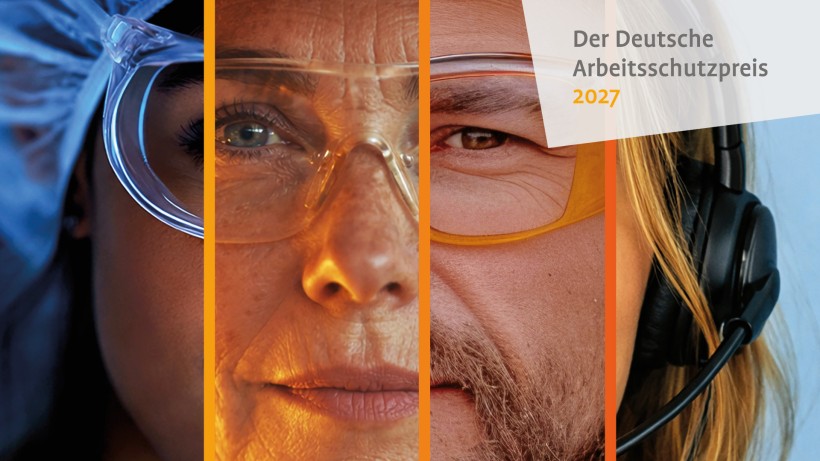 Nahaufnahme mehrerer Gesichter in vertikalen Streifen, jeweils mit Schutz- oder Arbeitsausrüstung, daneben der Schriftzug „Der Deutsche Arbeitsschutzpreis 2027“. (Bild: DASP 2027)