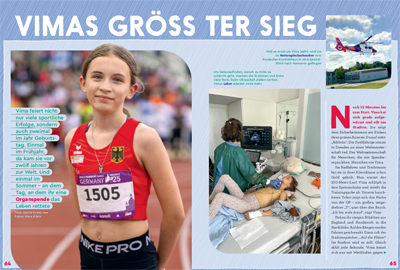 Kollage an Fotos, das größte ist links und zeigt Vima, vielleicht 12, in Sportkleidung. Rechts daneben ein Bild von ihr im Krankenhaus, darüber ein Foto eines Rettungshubschraubers beim Start. Dazwischen Text.